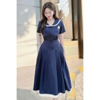 Đầm tuyết nhung dài qua gối kiểu dáng đơn giản dễ mặc cổ bẻ viền trắng gài nút kèm phụ kiện hoa cài