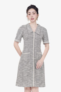 Đầm tweed chữ A cổ sen phối ren trắng
