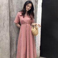 đầm ulzzang váy kẻ caro đỏ xanh váy dài váy xòe kiểu dáng hàn quốc đầm đi biển