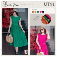 Đầm  UT91 - Maxi Trung niên Lụa Linen Xước đơn giản dáng váy dài dây rút Cổ Thuyền