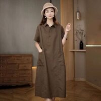 ✨Đầm Vải Lanh Cotton Sang Trọng Đơn Giản Tay Ngắn Cổ Đầm Size Lớn Rời Túi Giữa Chiều Dài PO2