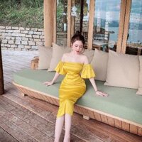 Đầm vàng body trễ vai