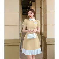 Đầm vàng dự tiệc cổ sơ mi dáng xòe tay ngắn xinh thanh lịch thiết kế cao cấp công sở Thời trang Lux W Vàng tuyết mưa
