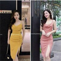 Đầm Váy 2 Dây Cổ Đổ màu Vàng Hồng Siêu Tôn Dáng ( Ảnh Thật)