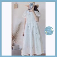 Đầm váy babydoll hoa cúc vàng tay bồng nội y xanh -  babdydoll dáng dài