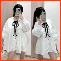 Đầm váy babydoll nữ, Váy áo babydoll bèo cổ tàu kèm nơ dập ly ngực dáng tiểu thư siêu sang chảnh