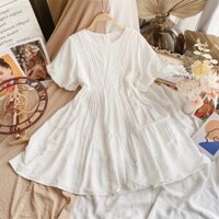 Đầm váy babydoll trắng tầng xếp li freesize du lịch