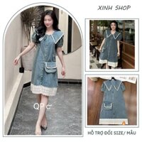 ĐẦM VÁY BẦU BÒ CÔNG SỞ DÁNG SUÔNG DÀI ĐÍNH REN ĐIỆU ĐÀ V975 - VÁY BẦU DENIM QUẢNG CHÂU CAO CẤP FREESIZE