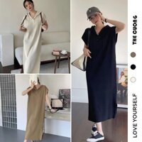 ĐẦM VÁY BẦU C8468 THU ĐÔNG CHẤT COTTON TĂM DÁNG SUÔNG DÀI FORM RỘNG CỔ V KÈM MŨ TIỆN LỢI - ĐẦM VÁY DỰ TIỆC ĐI CHFREESIZE