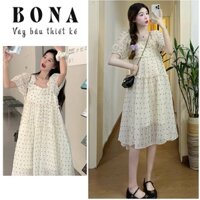 Đầm váy bầu chất voan đũi thiết kế dáng xòe babydoll công sở mix cổ bèo điệu đà đi dự tiệc H858