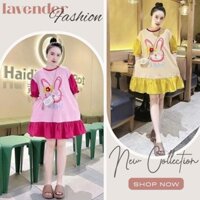 ĐẦM VÁY BẦU CỘC TAY BABYDOLL IN HÌNH THỎ RABBIT DÁNG SUÔNG CHÂN VÁY PHỐI VOAN ĐIỆU ĐÀ V904 VÁY THỜI TRANG FREESIZE