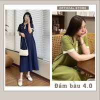 ĐẦM VÁY BẦU CÔNG SỞ MÙA HÈ CỔ POLO DÁNG SUÔNG DÀI MẶC BẦU VÀ SSAU SINH VẢI COTTON TỔ ONG MỀM X15