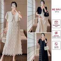 ĐẦM VÁY BẦU DỰ TIỆC CƯỚI SANG CHẢNH GỒM ÁO KHOÁC VÀ VÁY VOAN LÔNG V713 - VÁY XINH CHO MẸ BẦU HÀNG THIẾT KẾ FREESIZE