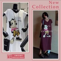 Đầm váy bầu hè thu cộc tay dáng suông dài chất thun cotton mát mẻ thấm hút mồ hôi phối hình in nhiệt cute - 4MOMS766