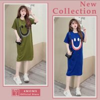 Đầm váy bầu hè thu dáng suông công sở chất thun cotton thoáng mát thấm hút mồ hôi phối họa tiết mặt cười - 4MOMS761