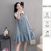 ĐẦM VÁY BẦU JEANS QUẢNG CHÂU CỔ SƠ MI DÁNG SUÔNG DÀI CHẤT MỀM MÁT V899 - VÁY BÒ CÔNG SỞ CHO MẸ BẦU MẶC TRƯỚC VÀ SAU SINH
