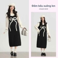 Đầm váy bầu len dáng suông baybydoll cổ đức thêu nơ nổi - Chubby Mom