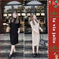 Đầm váy bầu len gân mềm mại dáng suông tay bo xinh xắn mặc đi làm đi chơi phong cách Hàn v140