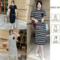 ĐẦM VÁY BẦU LEN QUẢNG CHÂU KẺ NGANG CÓ TÚI CHẤT MỀM ĐẸP MẶC ĐI LÀM ĐI CHƠI XINH V924 - VÁY LEN CÔNG SỞ FREESIZE