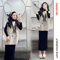 ĐẦM VÁY BẦU LEN THU ĐÔNG GỒM VÁY LEN CỔ 3 PHÂN DÁNG SUÔNG DÀI TAY VÀ ÁO GILE NỈ IN HÌNH THỎ DỄ THƯƠNG X25