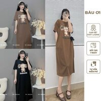 ĐẦM VÁY BẦU MẶC HÈ CHẤT THUN COTTON MỀM MÁT DÁNG SUÔNG DÀI IN HÌNH VOI DỄ THƯƠNG V867 VÁY MẶC NHÀ CHO MẸ BẦU FREESIZE