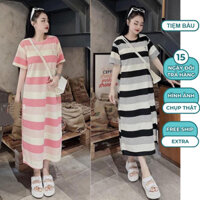 ĐẦM VÁY BẦU THUN TỔ ONG CỔ TRÒN DÁNG SUÔNG KẺ NGANG TRẺ TRUNG V293 - VÁY CÔNG SỞ XINH FREESIZE