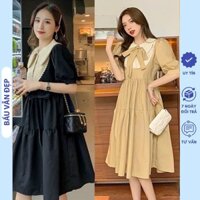 ĐẦM VÁY BẦU TIỂU THƯ SANG CHẢNH CỔ SEN PHỐI MÀU ĐIỆU ĐÀ V874 - VÁY BẦU CÔNG SỞ BABYDOLL CỘC TAY MÙA HÈ FREESIZE