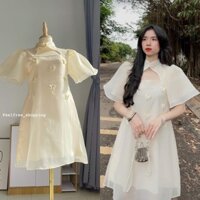 Đầm Váy Be Babydoll đính hoa Dáng Ngắn Cổ Tàu 2 Lớp Mặc Đi Tiệc Đi Chơi (Ảnh thật)