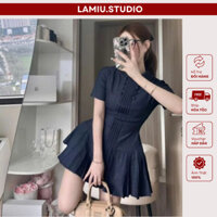 Đầm Váy Bò Denim Cộc Tay Chiết Eo Chân Váy Xếp LY Xòe Dáng Ngắn. Váy Bò Xếp Ly, Tay Ngắn Cổ Sen Phối Cúc Cách Điệu H10