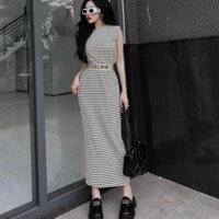 Đầm vay Body nữ áo thun cánh dơi kẻ sọc có đệm vài kèm chân váy Body dài lưng Thun chữ sang chảnh