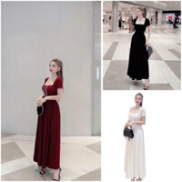 Đầm váy body nữ tay ngắn cổ vuông form dài xoè xếp ly chất thun tăm mịn co giãn