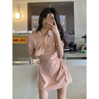 Đầm Váy Body Polo Dây Rút Ôm Eo, Màu Hồng Màu Đen