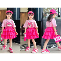 Đầm váy cho bé gái đi biển, đi du lịch❤️Set đầm thun cotton 3 tầng Gấu dâu dễ thương❤️Size 2-12ký(12cotton