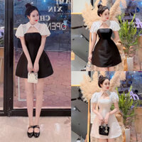 Đầm Váy Cổ Sơ Mi Khoét Ngực Tafta Lụa Trắng Đen Sang Trọng Dự Tiệc Dạo Phố ST7192