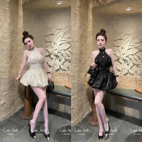 Đầm  (váy) cổ yếm lông kèm tang đá chân váy bồng siêu xinh, hàng thiết kế hottend mẫu mới nhất