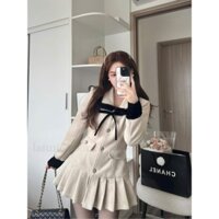 Đầm váy dạ nữ cổ sen bèo đính voan phối chân váy xếp ly, đầm váy from suông tay dài đính nơ ngực phối váy ngắn