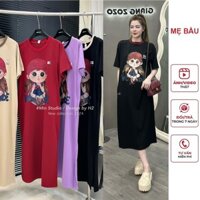 ĐẦM VÁY DÀI DÁNG SUÔNG CỔ TRÒN NHIỀU MÀU IN HÌNH CÔ GÁI CHẤT THUN COTTON MỀM MÁT V744 - VÁY ĐẸP CHO MẸ BẦU BIGSIZE