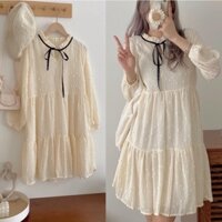 Đầm - váy dài tay babydoll ren hạt nơ cổ 2 màu be - trắng