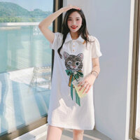 🔥💫Đầm Váy Dáng Rộng Hoạ Tiết Mèo Gắn Nơ Nổi Dễ Thương