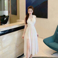 Đầm váy đi biển thời trang nữ sang trọng chất voan cổ tim không tay bo eo váy 2 lớp xẻ lai đùi maxi phong cách tươi trẻ