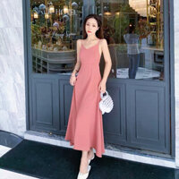 Đầm váy freesize maxi hồng đi biển nơ sau có mút ngực