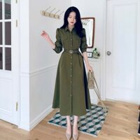 Đầm váy freesize nữ sơ mi xanh rêu túi hộp kèm belt