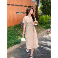 Đầm váy kem cổ vest dáng dài dây buộc eo 4 nút hàn Quốc