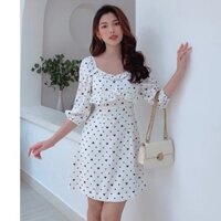 Đầm váy kiểu xòe chấm bi phối viền bèo ngực xinh xắn trẻ trung