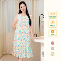 Đầm váy lanh nữ sát nách dáng xuông họa tiết thời trang Việt Thắng - V02.2411