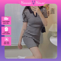 Đầm Váy Len Tăm Body Cổ Polo Hình V Kẻ Ngang Hàng QC