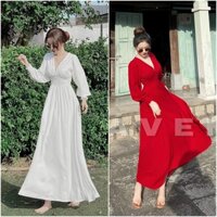 Đầm váy maxi đi biển dáng dài tay lỡ bo eo phong cách Bohemian xinh đẹp