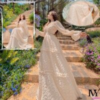 Đầm váy maxi 🔥lông lót lụa🔥 nude kem trắng tay dài cổ V Ivy.fashion đi biển dự tiệc dạo phố bigsize gợi cảm sexy bigsi