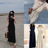 Đầm Váy Maxi Sát Nách Ôm Body Dáng Dài Chất Thun Đính Cúc Màu Đen Kem