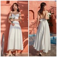 Đầm váy maxi trắng 2 dây mút ngực thắt nơ sau đi biển